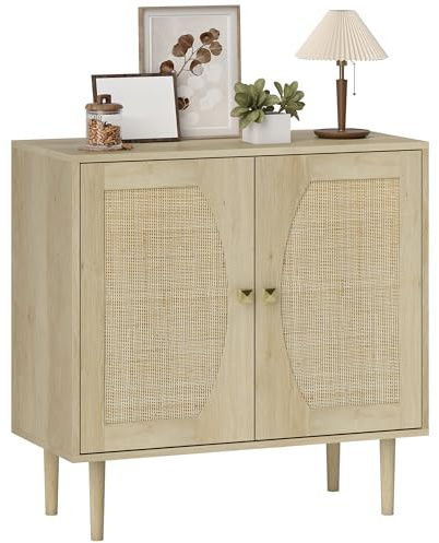 HOMCOM Aparador de cocina de diseño bohemio puertas dobles con 2 niveles, frente de caña 80 x 38 x 79 cm efecto madera natural