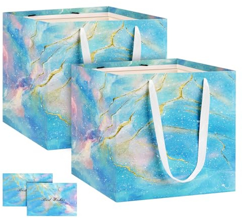NAHRMY 2 Stück Geschenktüte Papiertüten Blau 30 x 30 x 30 cm, Groß Quadratische Geschenktüten Geschenk Tüten aus Papier für Abschlussfeier Geburtstag Hochzeit Weihnachten Party