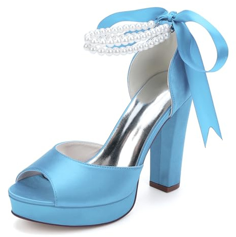 LRMYMHY Zapatos De Boda De Tacón Abierto para Mujer Sandalias De Plataforma para Novia Zapatos Nupciales De Tacón Grueso,Sky Blue,36 EU