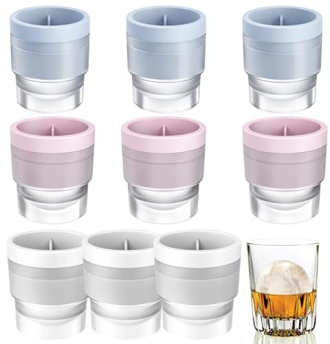 9Pcs Ice Ball Mould, Silicone Ice Sphere Moulds for Whisky and Cocktails, Round Ice Cube Mould for Home Bartenders, Party Hosts, Slow-Melting Ice Balls in Blue, Pink, White