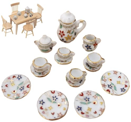 Grtheenumb Accesorios para casa de muñecas en Miniatura, Mini Juego de té Juego de té en Miniatura de Porcelana a Escala 1: 12 con Mini Tazas, Plato y Tetera para Accesorios de casa de muñecas