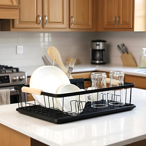 Silverfoks Home Dish Drainer Rack- Space-Saving Dish Drainer, Dish Racks for Kitchen Counter, Steel Kitchen Drying Rack with a Cutlery Holder, Drain Board, Large, Black & white (black)