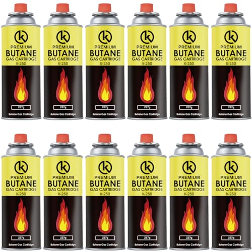 KROWN - Pack de Cartuchos K-250 de Gas Butano 227g para Hornillos Quemadores, Cartucho de Gas para Camping K-250, Bombonas para Sopletes (12 Unidades)