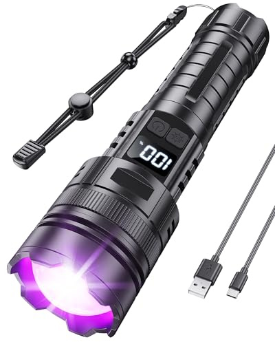 MOWETOO Blacklight ficklampa 365 NM UV- och vitt ljus 2N1, USB c uppladdningsbar med LCD-skärm, zoombar design svart ljus för detektering av husdjursurin, hartshärdning, stenar