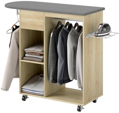 HOMCOM Armoire à Repasser en Bois, Table à Repasser avec roulettes, Barre de Suspension pour vêtements, étagère Ouverte, pour Salon, Chambre, 125 x 43,5 x 102,5 cm, Bois Naturel
