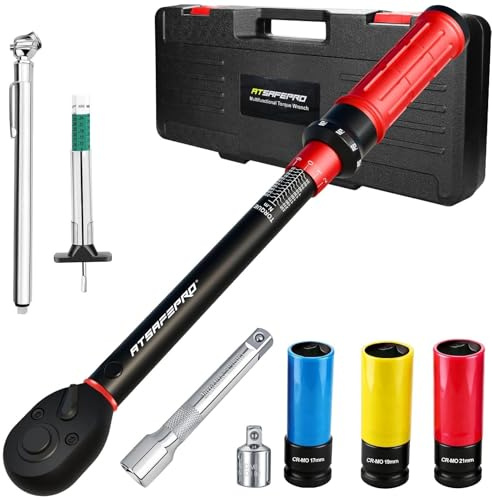 ATsafepro 8PCS 1/2'' Drive Torque Wrench Set,20-230 Nm,Tyre Pressure and Depth Gauge,±3% Accuracy, 72-Tooth Ratchet with 3 Sockets, Extension Bar, Adapter for Car Motorcycle Auto Repair