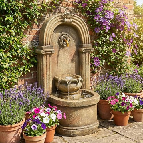 Xwiny Gartenbrunnen mit LED Beleuchtung für Garten/Terrasse/Balkon, Brunnen, Zierbrunnen, Zimmerbrunnen, Antik-Stil, Bogendesign, 50x32x90 cm, Antikbraun