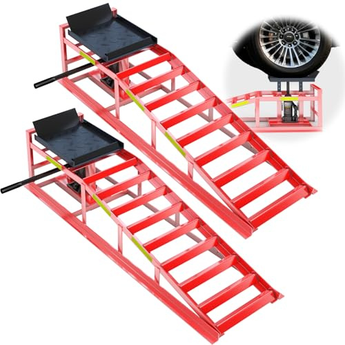 LARBANKE 5 Tonne Hydraulic Car Ramps - Pair of Heavy Duty Lifting Jacks for Vehicle Maintenance - Height Adjustable Garage Service Ramps for Cars, SUVs & Vans - Red Steel Construction