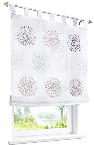 1 Stück Raffrollo mit Kreis-Motiven Floral Design Raffgardine Voile Transparent Vorhang (BxH 80x140cm, Violett)