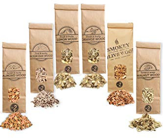 Smokey Olive Wood 6 x 500 ml Oliven-, Mandel-, Eichen-, Zitronen-, Orangen- und Walnussholzspäne, Größe Nr. 2: 0,5-1 cm (AHLNVW2-06-0,5 l)