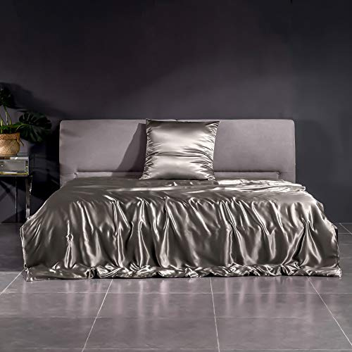 THXSILK 22 Momme Seidenbettwäsche Set 2 teilig, Bettbezug 135 x 200 cm und 80 x 80 cm Kissenbezüge, Hypoallergen Maulbeerseide Bettwäsche Set, Ultra Weich und Glatt, DunkelGrau