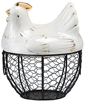 Eierhalter Hühnerform Keramik Metall Mesh Draht Eierkorb Dekorative Küche Aufbewahrungskörbe Halter Rack für Küche Aufbewahrung Dekoration, Obst Snacks Organizer Rack Schwarz & Weiß