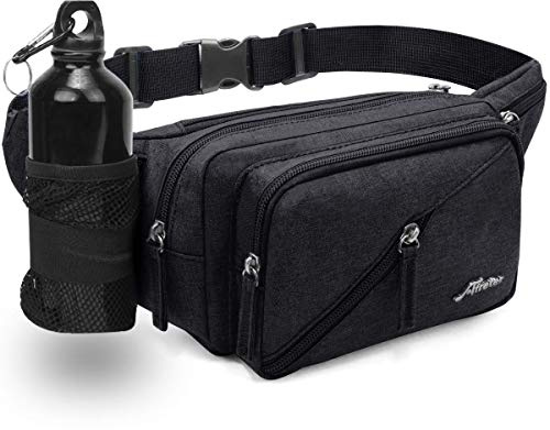 Afreter Fanny Pack Waterproof Waist Bag Pack Men Women Hip Bum Bag with Water Bottle Holder Adjustable Strap Suitable for Outdoors Workout Traveling Hiking Cycling Dog Walking Pouch Bag, Black,