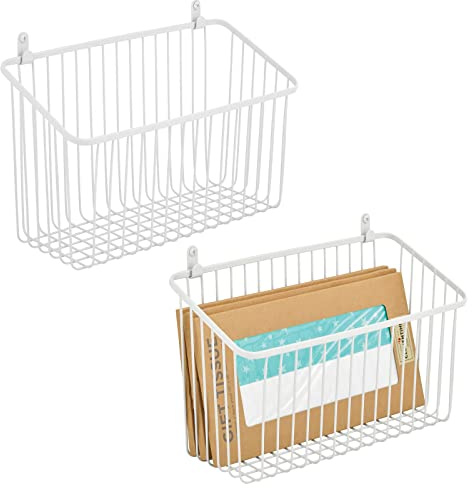 mDesign Small Metal Wire Wall Mounted Storage Organizer Basket Bin for Hanging in Kitchen, Garage, Entryway, Mudroom, Bedroom, Bathroom, Laundry Room - Unity Collection - 2 Pack - White
