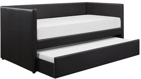 Pemberly Row Contemporary Faux Leather Daybed with Pull-Out Trundle, Black Finish, Wood and Engineered Wood Frame, 82 W x 41 D x 36.5 H, Casters for Twin Mattress, Space-Saving Bedroom Furniture