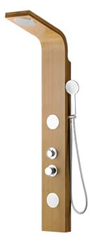 Vente-unique-Columna de ducha con hidromasaje TISSIA, lluvia tropical y panel de bambú - 20x140 cm