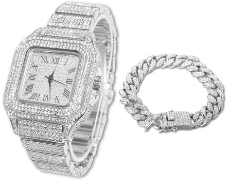 Halukakah Men's Watch - The King - Platinum Plated, 40MM Square Dial, Iced Out Wristband,with Cuban Link Chain Bracelet 8 Set, Comes in Giftbox