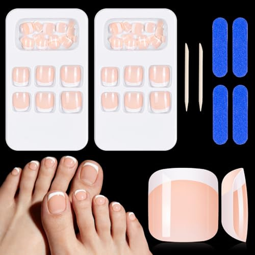 48 Stück Französisch Zehennägel zum aufkleben, 12 Größen Künstlich Fußnägel Tips, Full Cover Acryl Zehen Nagelspitzen Fake NailsTips für Frauen Mädchen Nagel Dekoration
