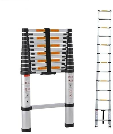 Scala telescopica in acciaio inox, 3,8 m, antiscivolo, allungabile, con 13 pioli, facile da trasportare, portata 150 kg