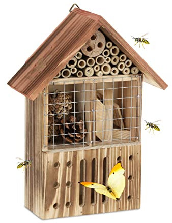 Relaxdays Insektenhotel Holz, Garten & Balkon, Insektenhaus zum Aufhängen, HBT: 29x21,5x9,5cm, Schmetterlingshaus, bunt