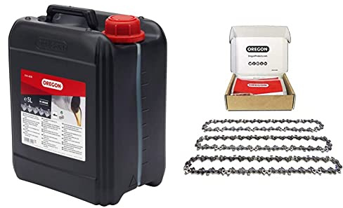Oregon - Huile pour Chaîne et Guide-Chaîne de Tronçonneuse, 5 L (O10-4936) & Lot de 3 Chaînes de Tronçonneuse pour Guide-Chaîne de 16 (40 cm), 56 Maillons d'Entraînement