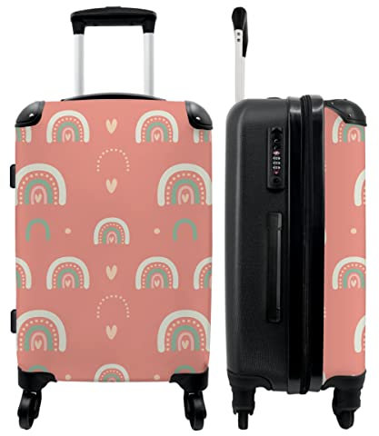 NoBoringSuitcases.com® Reisekoffer Kinder Mädchen Koffer Leicht Reisetrolley mit Rollen Gepäck Rosa - Regenbogen - Herz - 67x43x25cm