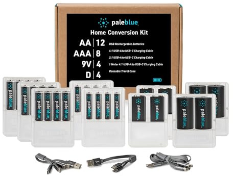 Paleblue USB Rechargeable Battery Home Conversion Kit for Sustainable Living – Includes (12) AA, (8) AAA, (4) 9V, (4) D Batteries, and (3) USB-A to USB-C Charging Cables