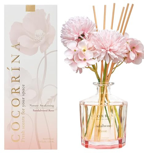 Cocorrína Fiore Diffusore Profumo Ambiente con 8 bastoncini di fragranza 250ml- Sandelholz Rose, naturale, di lunga durata, per la camera da letto, l'ufficio, il bagno (Collezione Master)