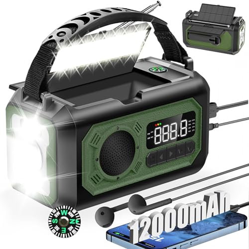 12000mAh radio Manovella,2 Pannelli Solari,AM/FM Radio Solare di Emergenza,3 Metodi di Ricarica 7 in 1 Radio Portatile di Emergenza,SOS,Torcia,Bussola,Lampada da Lettura