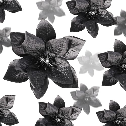 Cindeer 36 Stück 3 Größen Weihnachtsbaum Blumenschmuck Künstliche Weihnachtsstern Blumen Glitzer Weihnachtsblumen mit Clips für Weihnachten Neujahr Hochzeit, 10 cm, 15 cm und 22 cm (Schwarz)