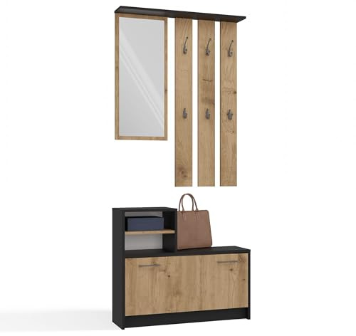 CDF Mobile Ingresso Set Guardaroba con Specchio Appendiabiti a Parete 6 Ganci e Scarpiera Portascarpe 9 Paia Scarpe Salvaspazio Stretto 85 x 24 x 180 cm Bianco Arredo Entrata Moderno e Attaccapanni