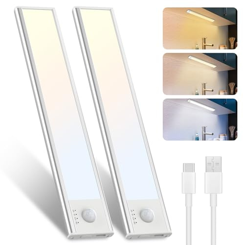 libtit Schrankbeleuchtung mit Bewegungsmelder 23CM, USB Aufladbar Batterie Unterbauleuchte Küche, 3000K 4000K 6500K, Kabellos Led Leiste für Kleiderschrank Flur Unterschrank Treppe -2Stück