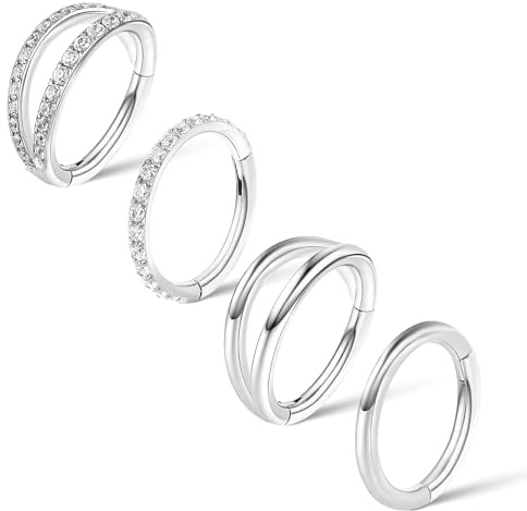 Lusofie 4Pcs Silver Nose Hoop Surgical Steel Helix Conch Hoop Earring Hinged Clicker Nose Ring 18G Septum Ring Cartilage Lip Earring Hoops Piercing Jewelry for Women(8mm)
