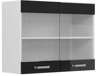 Vicco Küchenglasschrank R-Line, Schwarz Hochglanz, 80 cm | 2 Türen · 1 Einlegeboden · Tiefe – 31 cm · ✓ Frei kombinierbar · ✓ Alles im Blick