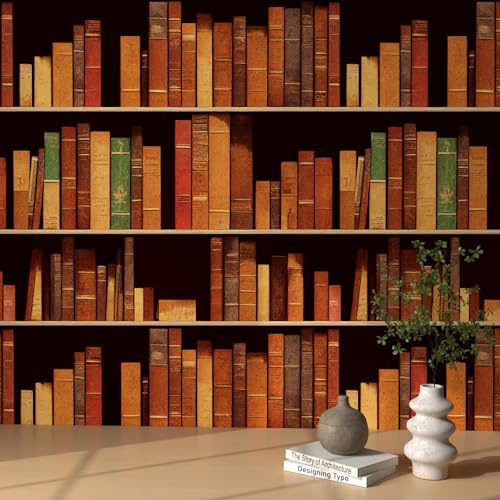 ReWallpaper Peel and Stick Wallpaper Brown Library Self Adhesive Wallpaper 3D Effect Bedroom Vintage 44.5cmx3m Sticky Back Vinyl Wrap for Furniture Art Deco Book Wallpapers for Walls