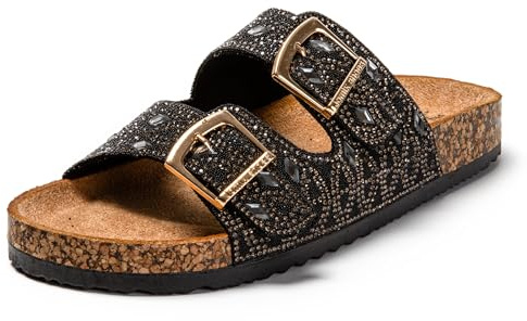 JOMIX Ciabatte Donna Estive Eleganti Sandali bassi Estivi con Strass Comodi Due Fibbie Pantofole Morbide da Mare Spiaggia SD9157 Nero 38