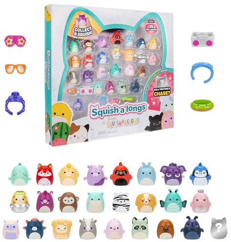 Squish-a-longs Confezione da 25 - Serie 2 - (25) Mini-Squish da 2,5 cm, 5 accessori, 1 anello e 1 guida per collezionisti - 2 figure di inseguimento - Colleziona, scambia e gioca