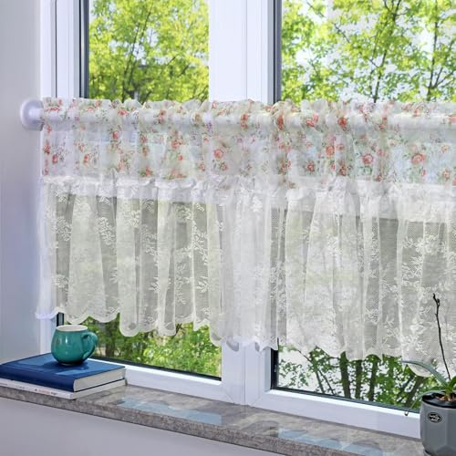 champracer Scheibengardine Landhausstil Kurzgardine Rosa Boho Kurze Vintage Spitze Häkelgardine Scheibengardine Bistrogardine Retro Elegant Cáfe Kurzvorhang (1 Stüick, W 150x H 45 cm)