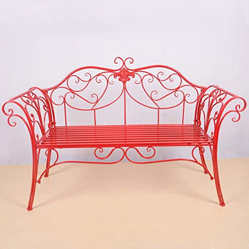 Metall Gartenbank 2-Sitzer mit gebogener Rückenlehne und Armlehne Retro Design für Garten Terrasse Veranda Outdoor Gusseisen Aluminium Bank Einfache Montage (Rot)