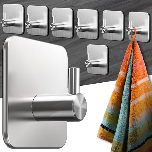 Menz Handtuchhalter ohne Bohren, Badezimmer Handtuchhalter, 8 Stück, Silber | Edelstahl Klebehaken, funktionale Haken, Haken selbstklebend, Handtuchhaken für Bad, Küche, mit wasserfesten Klebepads