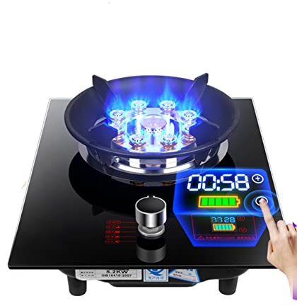 GAROEN Cucina a Gas da 33 cm, 5,2 kW, 9 cavità, temporizzazione, Fiamma Alta, portapentole in ghisa in Vetro temperato Nero, Protezione da spegnimento Fiamma (Nero NG)