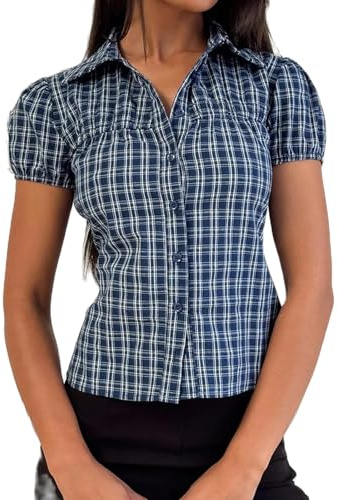 YILEEGOO Chemise basique boutonnée à manches courtes et col à revers pour femme - Chemisier serré à nouer dans le dos - Coupe ajustée - Chemise d'été de bureau, Bleu à carreaux, S