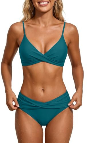 Aqua Eve Women Bikini Set - Two Piece Swimsuit Mid Rise Bathing Suit Push Up Bikini Dark Teal M