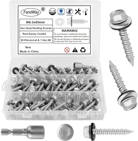 FandWay 80 Stück Trapezblechschrauben Selbstbohrende Blechschrauben M6,3x50mm Spenglerschraube Selbstschneidende Bohrschrauben Sechskant Metalldachschrauben mit EPDM Unterlegscheiben und 1 Bit.
