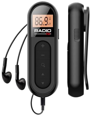 Longben Radio de Bolsillo Portátil Recargable, Auriculares Estéreo Incluidos, para Deporte y Paseos, Negro