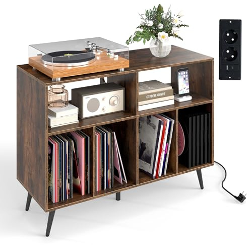 COSTWAY Meuble Rangement Vinyle pour Albums, 6 Compartiments, Rangement CD DVD Manga, 5 Pieds en Métal, Support pour Tourne-disque, Meuble Hifi, Bibliothèque Basse (Marron rustique,Avec prise)