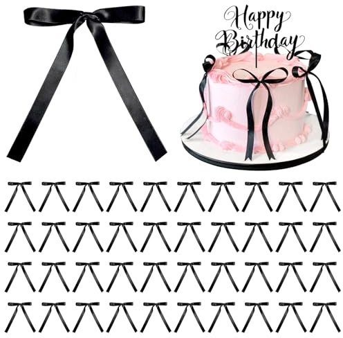 Wanheart 40 PCS Black Cake Decorations,Bows Cake Toppers Decoration for Kids,Girls,Women,Black Bow Decoration for Birthday Baby Shower Wedding Party Supplies