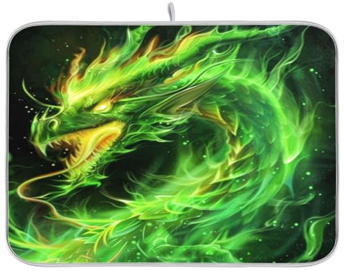 Kcldeci Green Fire Dragon Dish Drying Mat Kitchen Counter Mat Draining Mat Kitchen Accessories Dish Rack Pad for Dishes, Utensils, Countertops, Sinks 18x24in