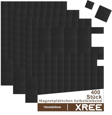 Lot de 400 Plaquettes magnétiques Autocollantes, 10/20 mm, carrées | Dos adhésif, 2 tailles 10 x 10 et 20 x 20 mm, 1 mm épaisseur, pour frigo, tableau blanc, école, bureau