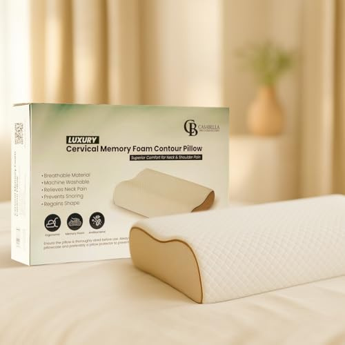 Casabella Advanced Cervical Memory Foam Pillow - Orthopedic Contour for Neck & Shoulder Pain Relief - Ergonomic Support for Side & Back Sleepers, Stops Snoring, Includes Hypoallergenic Cover